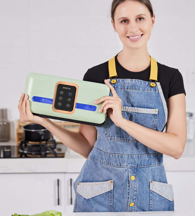 Woman in kitchen holding green and black food vacuum sealer machine