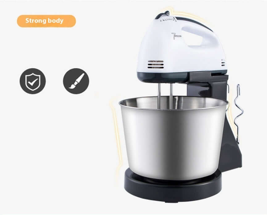 Electric stand mixer with stainless steel mixing bowl on white background, kitchen appliance