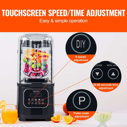Touchscreen countertop blender with fruits inside, adjustable speed and timer controls