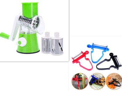 Green rotary vegetable grater with three stainless drum blades and three assorted peelers