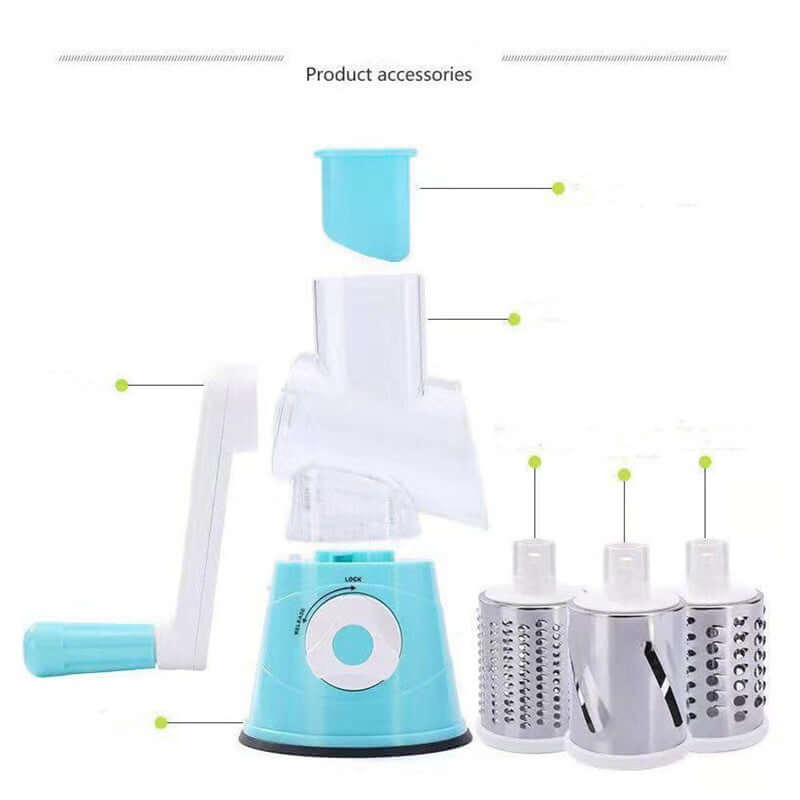 Manual rotary cheese grater with blue handle and three stainless steel drum blades for kitchen use