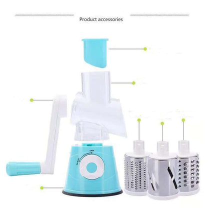 Manual rotary cheese grater with blue handle and three stainless steel drum blades for kitchen use