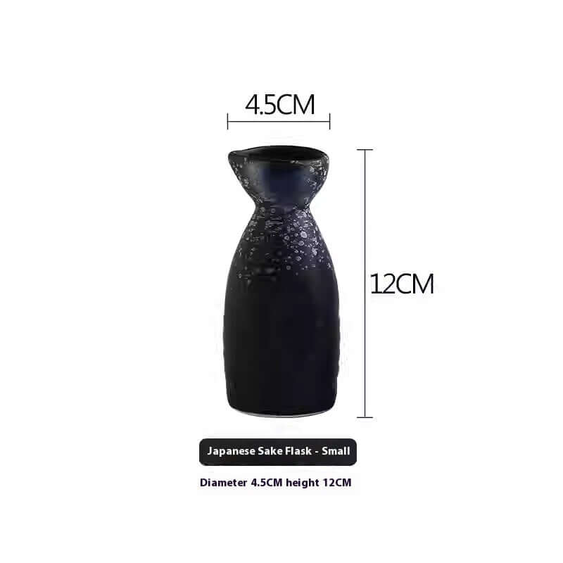 Small black Japanese sake flask, 12cm tall, 4.5cm diameter, kitchen accessory.