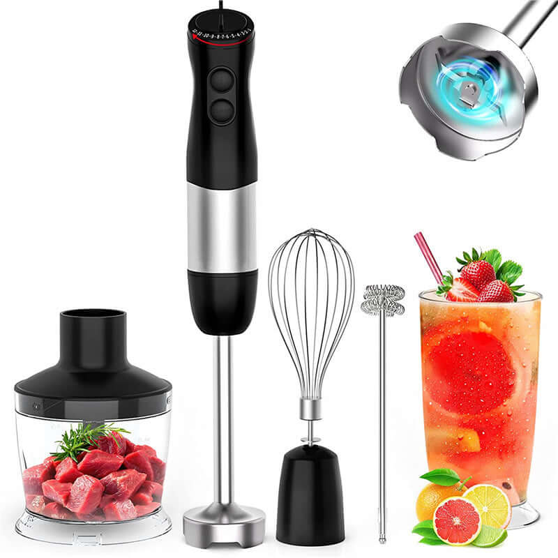 Multifunctional hand blender set with whisk, chopper, milk frother, and smoothie drink
