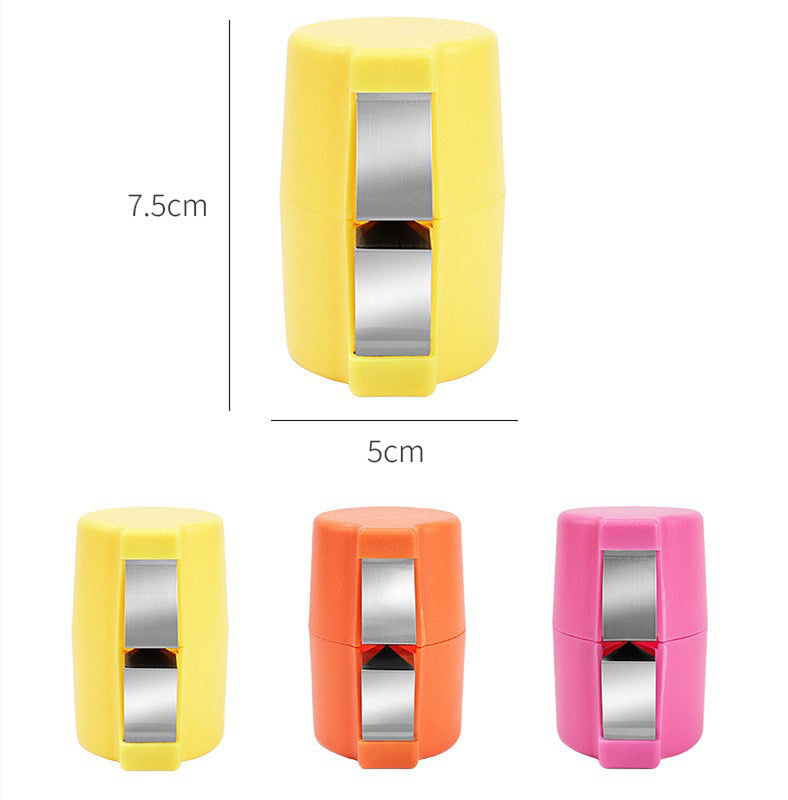 Colorful handheld kitchen knife sharpeners with stainless steel slot, shown in yellow, orange, and pink, with 7.5cm height and 5cm width.