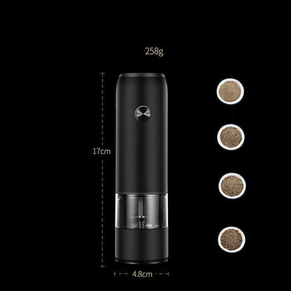 Black electric pepper grinder with size and weight details, four pepper grind levels shown