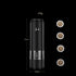 Black electric pepper grinder with size and weight details, four pepper grind levels shown