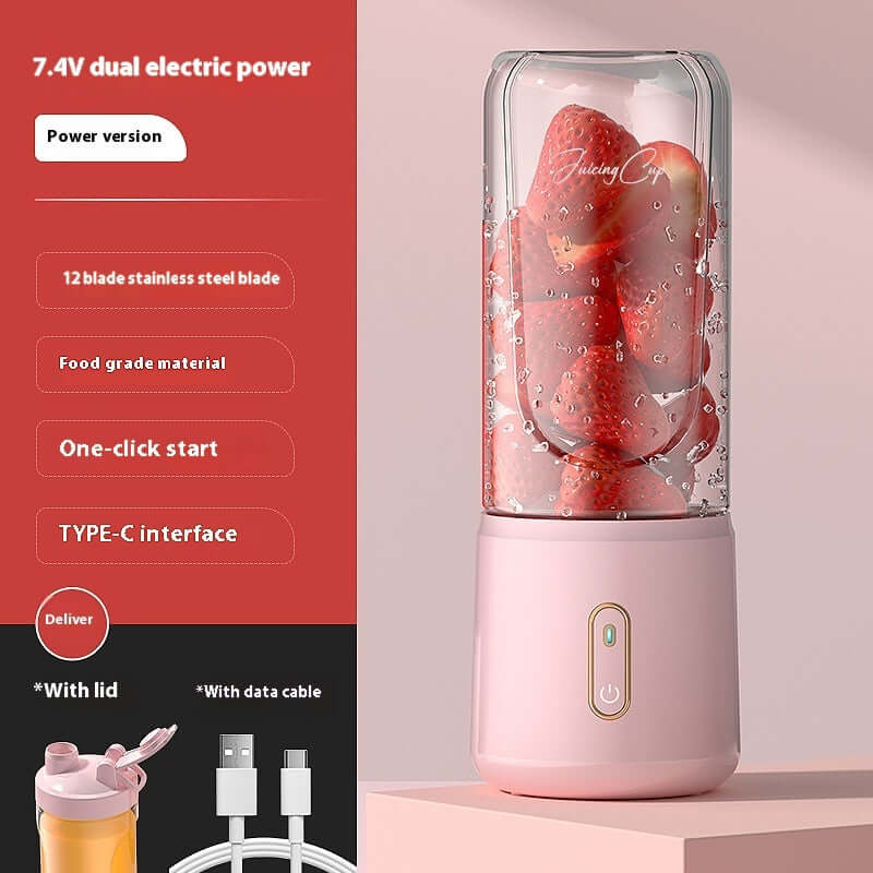 Pink portable blender with strawberries inside, USB-C charging, kitchen appliance features displayed