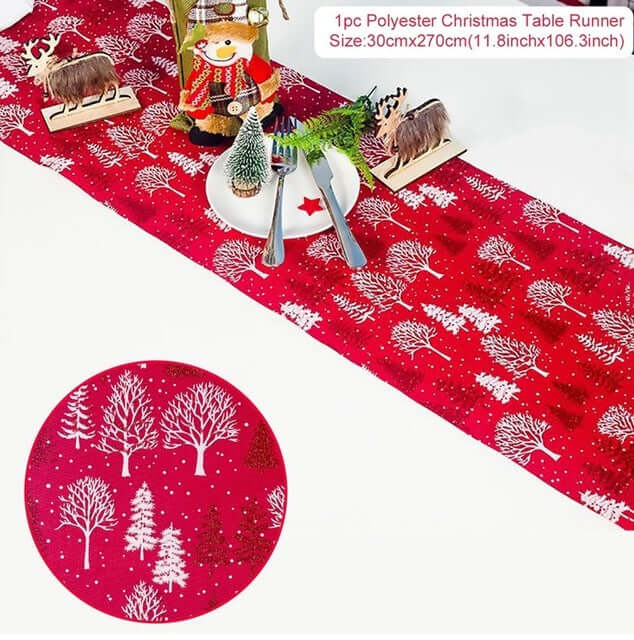 Red Christmas table runner with white tree pattern, festive decor and utensils on table