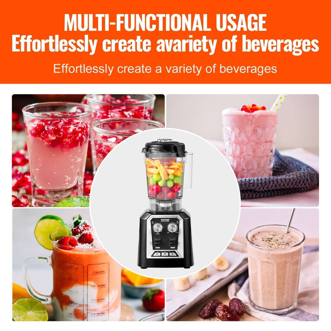 Multi-functional kitchen blender surrounded by various fresh fruit smoothies and drinks.
