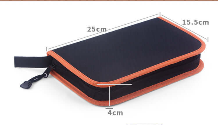 Black and orange zippered kitchen utensil storage pouch, 25x15.5x4 cm dimensions shown
