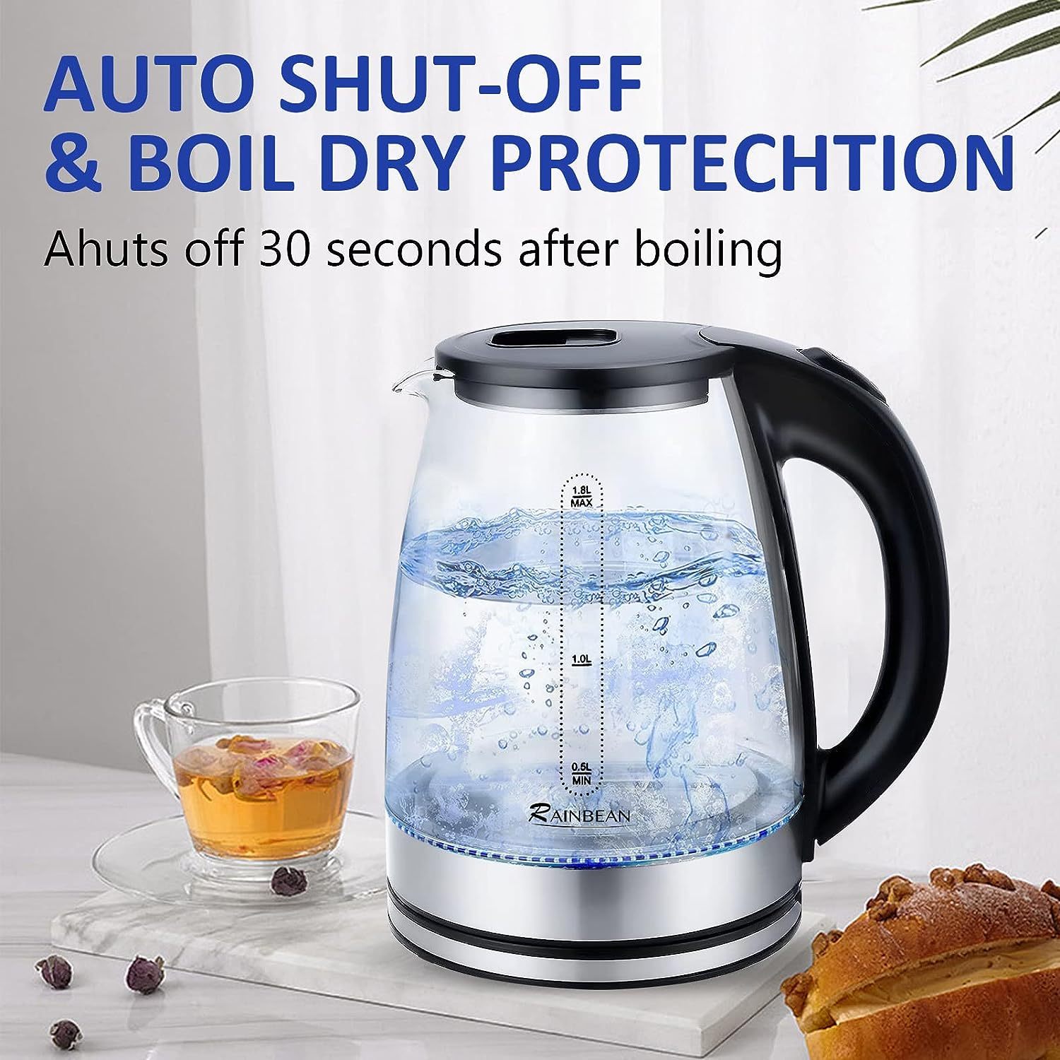 Electric Water Kettle - 1.8L With LED Light, Auto Shut-Off &amp; Boil Dry Protection, Glass Black