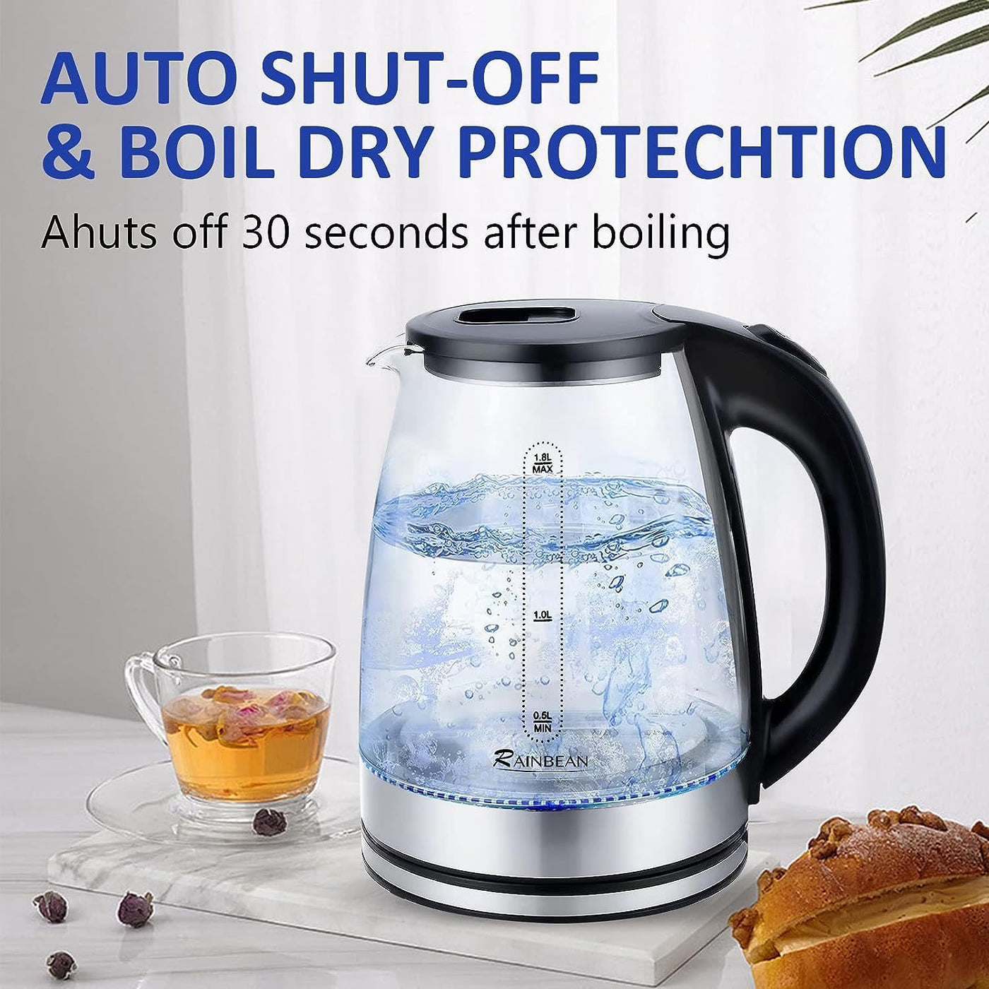 Electric Water Kettle - 1.8L With LED Light, Auto Shut-Off & Boil Dry Protection, Glass Black