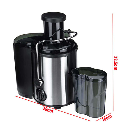 Stainless steel electric juicer with pulp container, measurement dimensions labeled