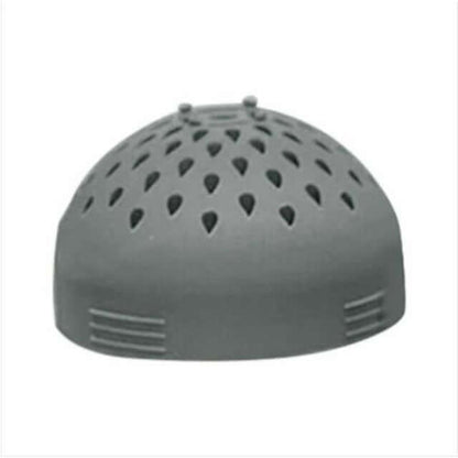 Gray dome-shaped kitchen sink strainer with ventilation holes on a white background