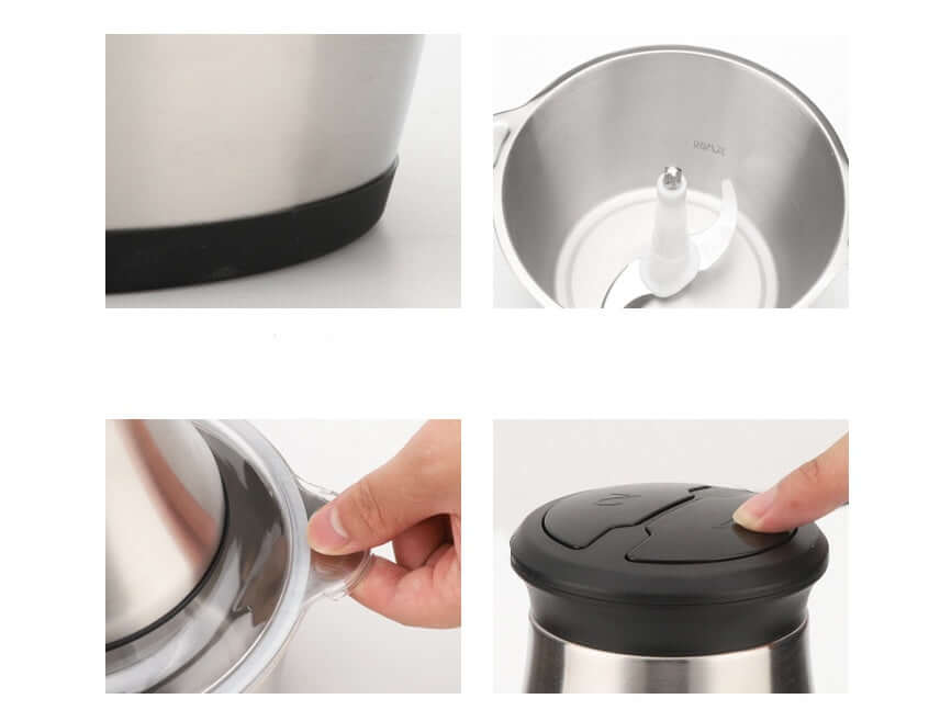 Stainless steel food processor with sharp blades, secure lid, and control button