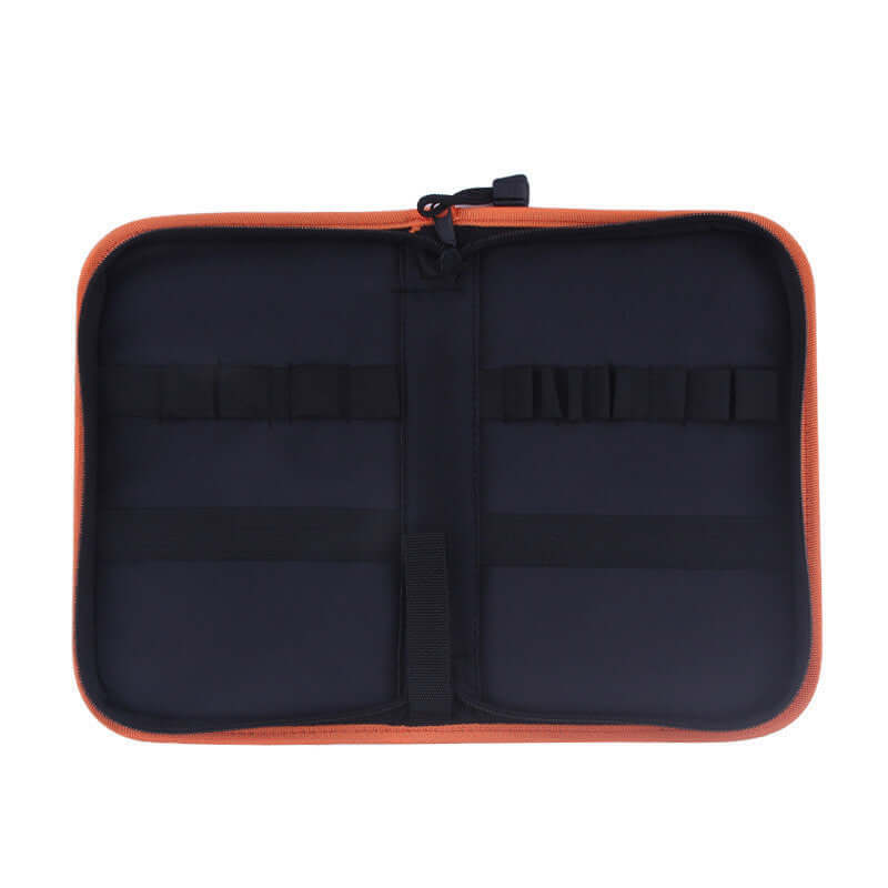 Open orange and black zippered kitchen utensil storage case with elastic straps
