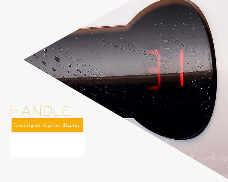 Close-up of kitchen appliance handle with smart digital display showing 31 and water droplets
