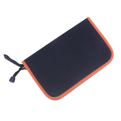 Black zippered kitchen utensil pouch with orange trim on white background