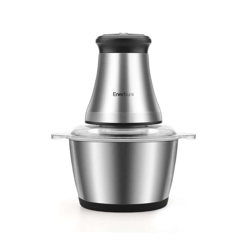 Stainless steel electric food chopper with clear lid on white background