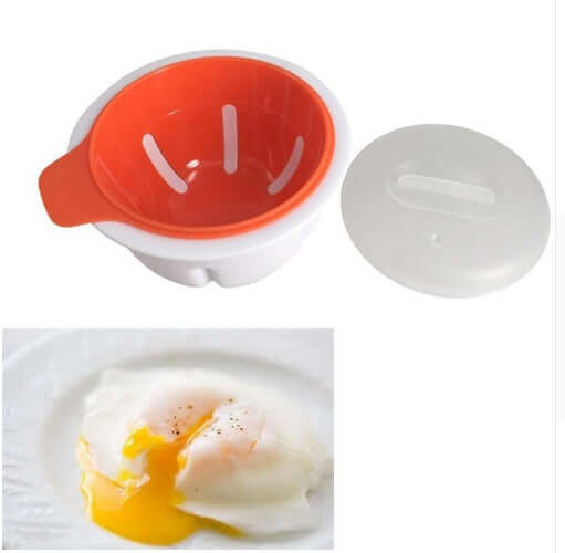 Microwave egg poacher with red insert, white lid, and a poached egg on a plate.