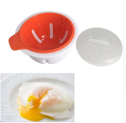 Microwave egg poacher with red insert, white lid, and a poached egg on a plate.