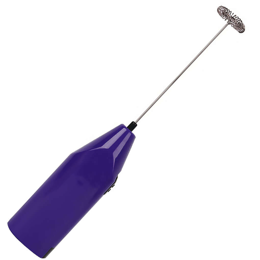 purple handheld electric milk frother for coffee and lattes on white background