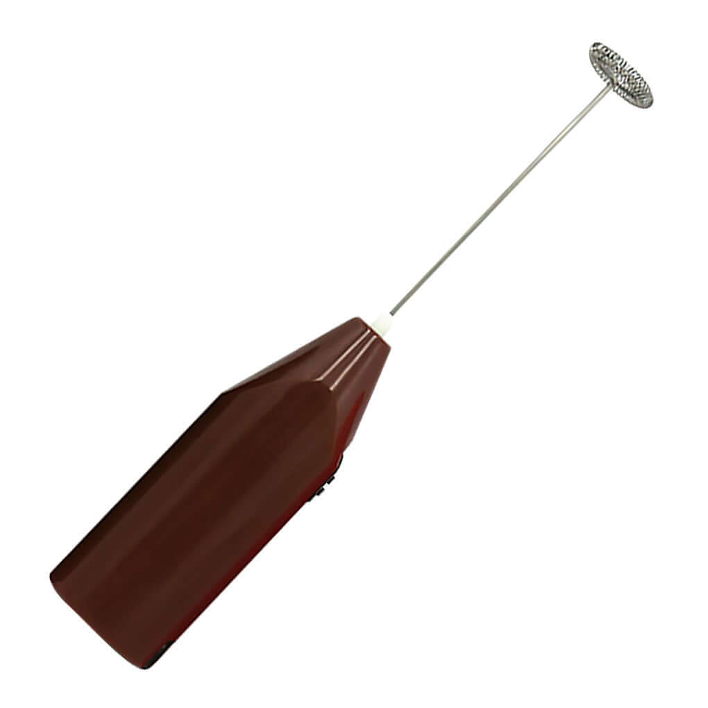 Handheld milk frother with brown handle and stainless steel whisk for kitchen use