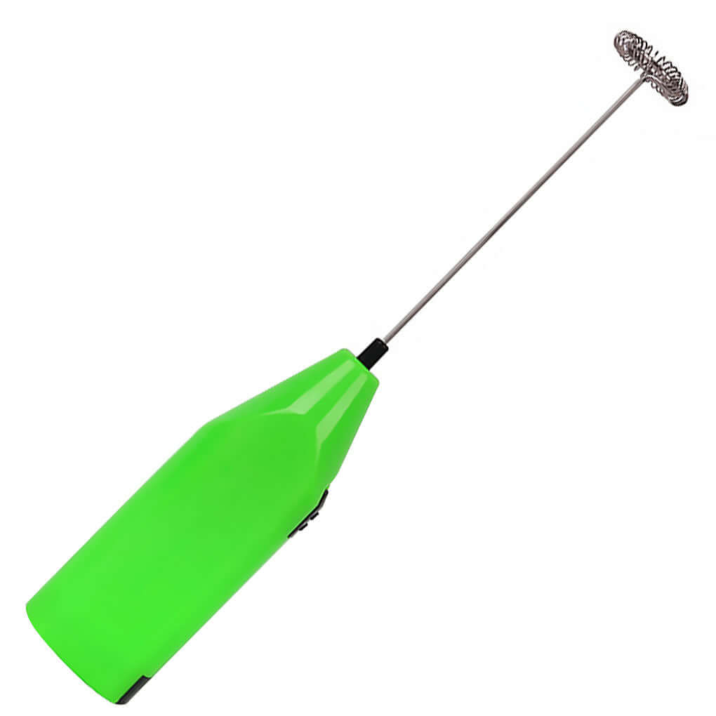 Green handheld milk frother with stainless steel whisk for kitchen use