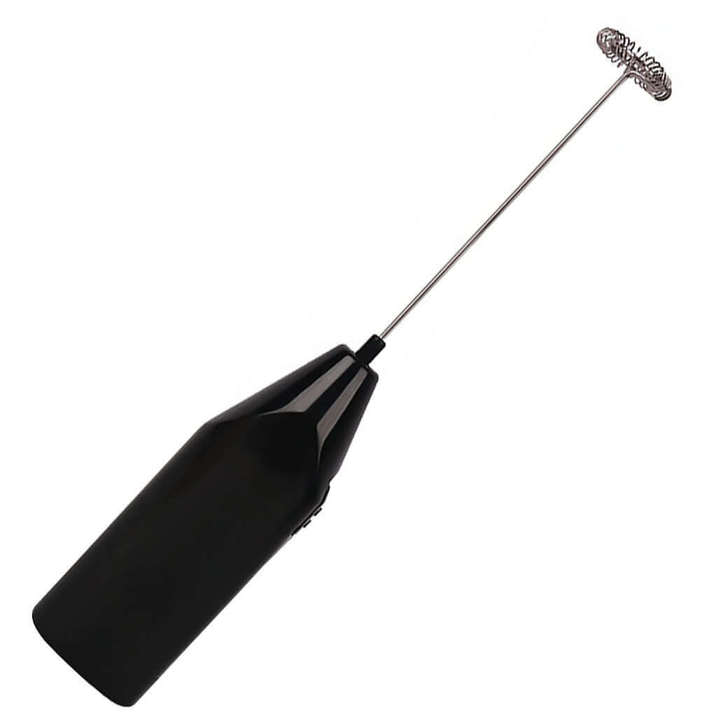 Handheld black electric milk frother with stainless steel whisk for coffee and lattes