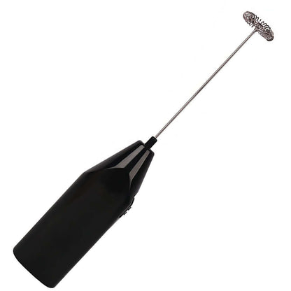 Handheld black electric milk frother with stainless steel whisk for coffee and lattes