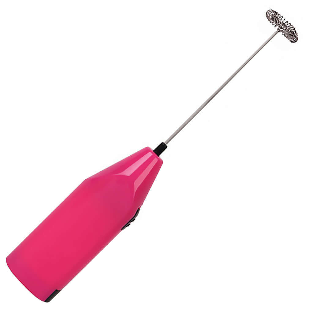 Pink handheld electric milk frother for coffee and latte blending