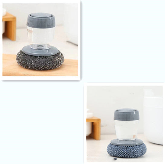 Soap dispensing scrubber with grey cap and textured sponge for kitchen cleaning