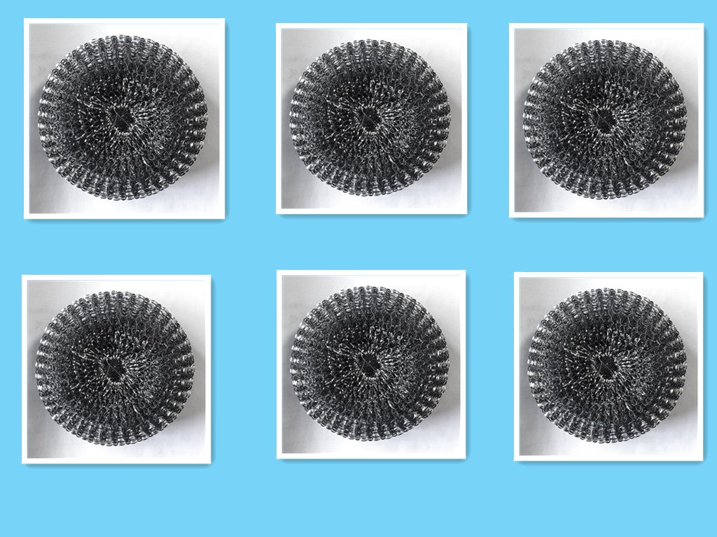 Six stainless steel kitchen scrubbers displayed on a light blue background.