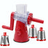 Red rotary cheese grater with handle and three stainless steel drum blades for kitchen use
