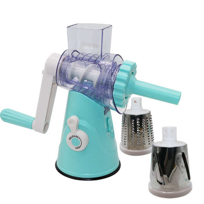 Manual rotary vegetable grater with interchangeable stainless steel blades for kitchen use
