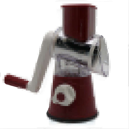 Manual rotary cheese grater with red base and white handle for kitchen food prep