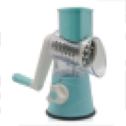 Manual rotary cheese grater with blue body and white handle on white background