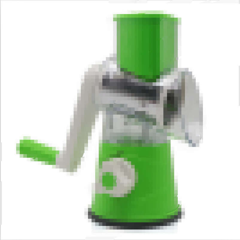 Green manual rotary cheese grater with handle and stainless steel drum on white background