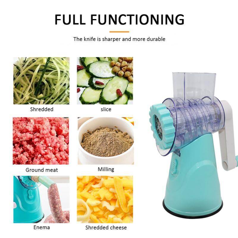 Multi-function manual kitchen food processor grater for slicing, shredding, grinding, milling, and making sausage.
