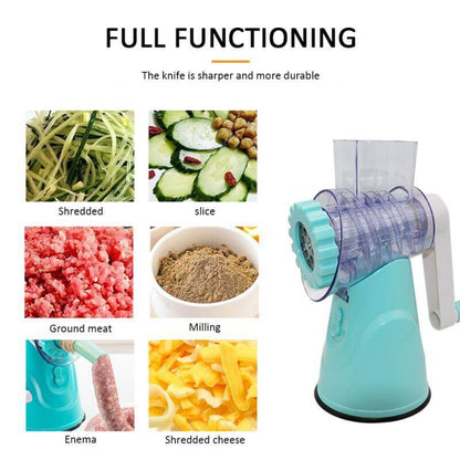 Multi-function manual kitchen food processor grater for slicing, shredding, grinding, milling, and making sausage.