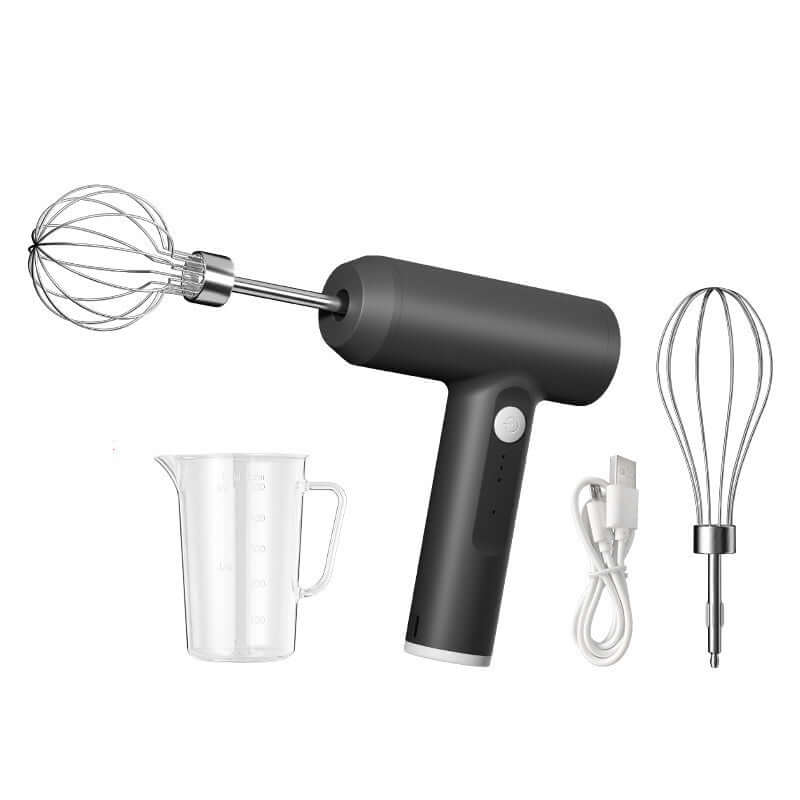 Cordless electric hand mixer with whisk attachments, USB cable, and measuring cup