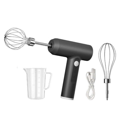 Cordless electric hand mixer with whisk attachments, USB cable, and measuring cup