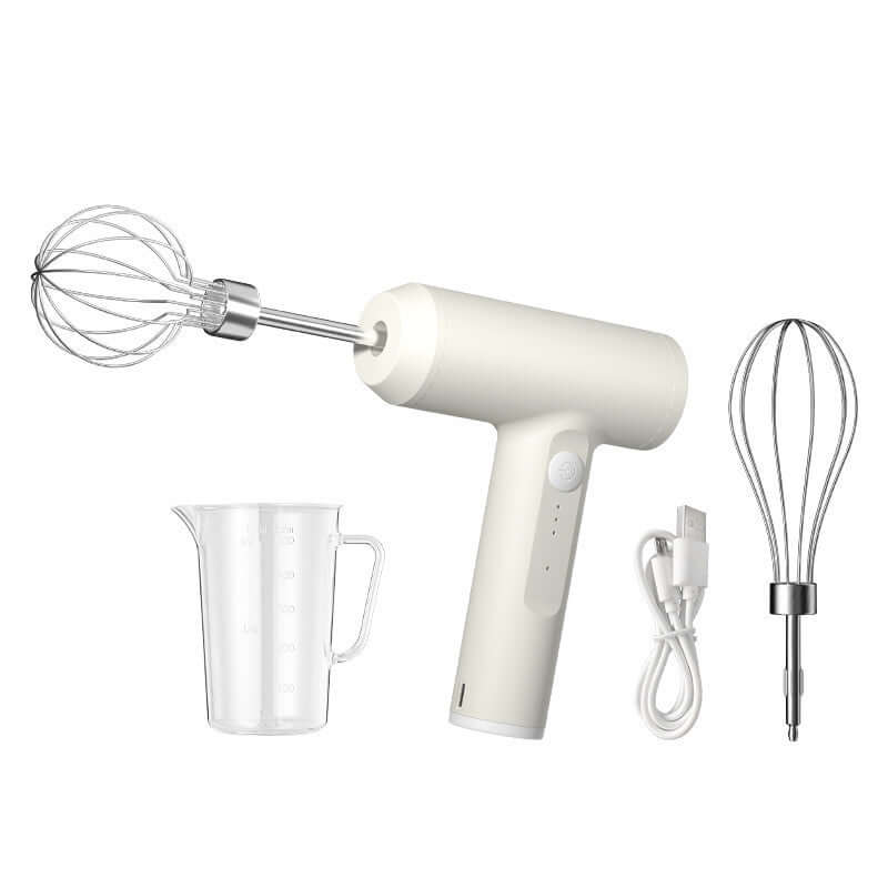 Electric hand mixer set with whisk attachments, USB cable, and measuring cup for kitchen mixing
