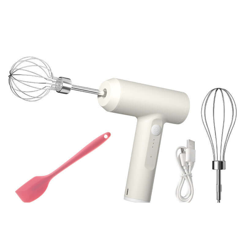Electric hand mixer set with two whisk attachments, USB cable, and pink spatula on white background