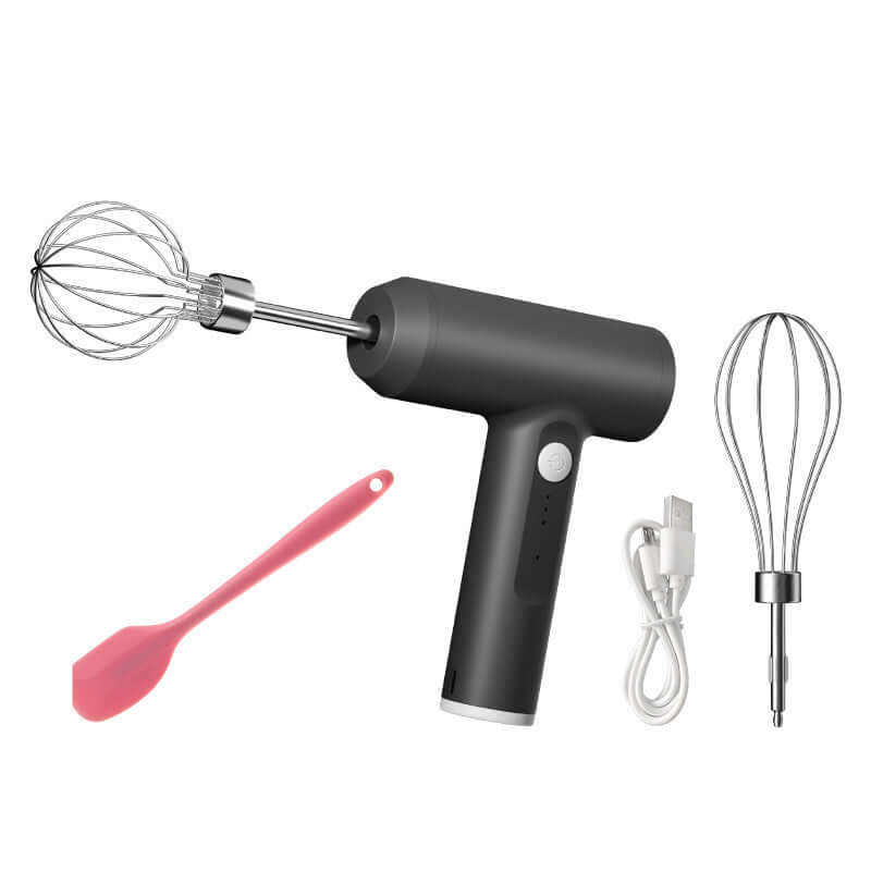 Electric hand mixer set with black handle, two whisk attachments, pink silicone spatula, and USB cable.