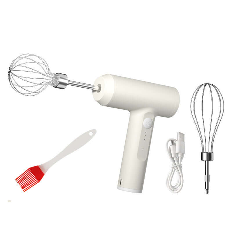 Electric hand mixer with whisk attachments, silicone basting brush, and USB charging cable