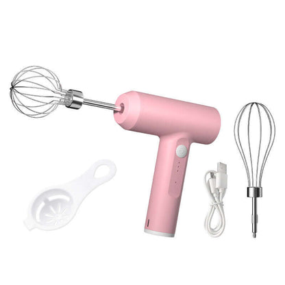 Pink handheld electric whisk mixer set with attachments, USB cable, and egg separator