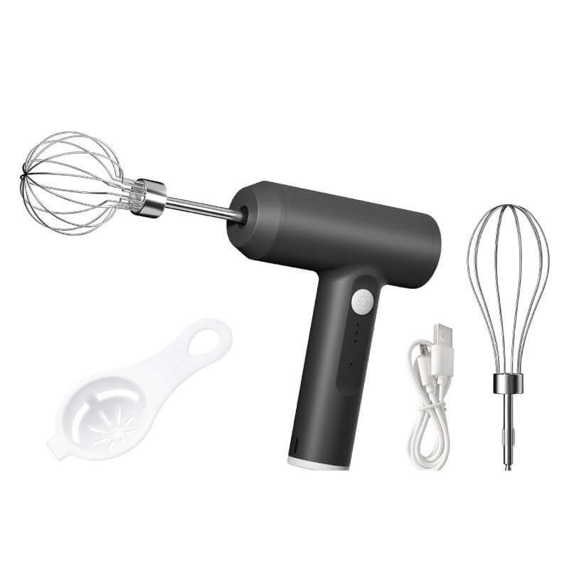 Electric hand mixer set with black handle, whisks, egg separator, and USB charging cable