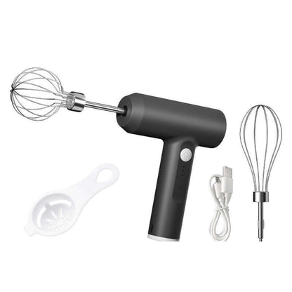 Electric hand mixer set with black handle, whisks, egg separator, and USB charging cable
